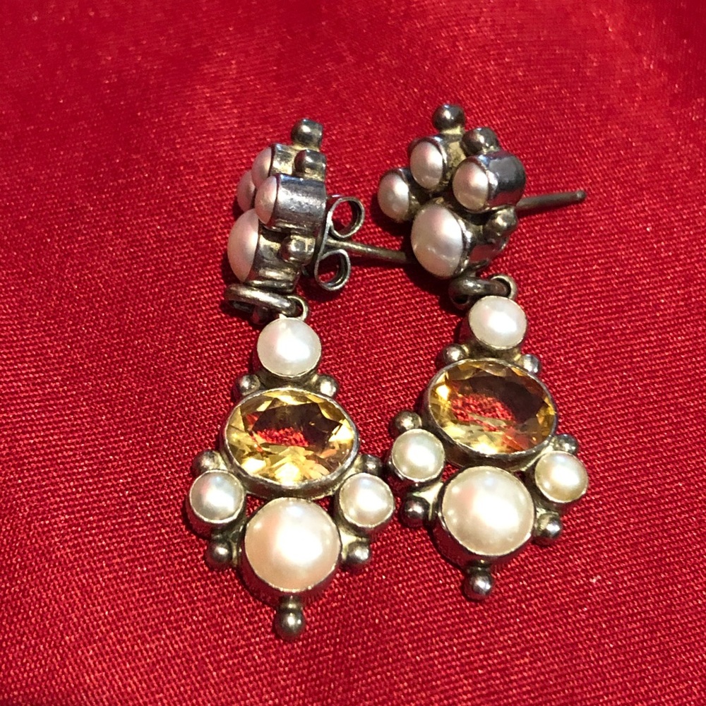 Designer citrine and pearls silver earrings 925